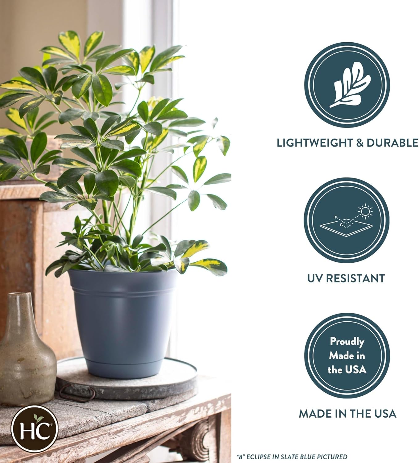 The HC Companies Eclipse Round Planter with Saucer - Outdoor & Indoor Plant Pot with Drainage Holes - Lightweight, UV-Resistant Plastic Pots for Plants, Flowers & Herbs (12" Cottage Stone, Pack of 1)