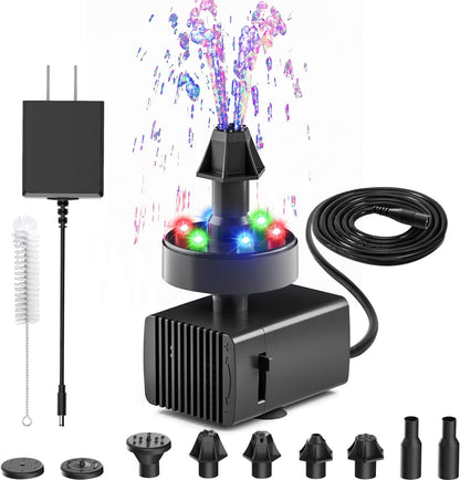 24-Hours Working Bird Bath Fountains Electric, Adjustable Quiet Water Fountain Pump with LED Lights for Garden,Small Fish Tank, Pond,Water Features - 7 Nozzles,16.4Ft Power Cord