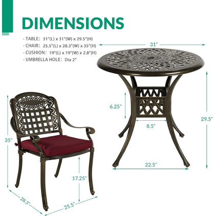 VIVIJASON 3-Piece Outdoor Patio Bistro Set, All-Weather Cast Aluminum Furniture Dining Sets Include 2 Cushioned Chairs and 31" Round Table w/Umbrella Hole for Balcony, Garden, Backyard, Red Cushion