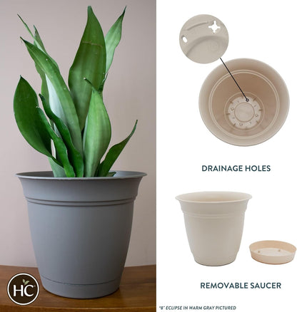 The HC Companies Eclipse Round Planter with Saucer - Outdoor & Indoor Plant Pot with Drainage Holes - Lightweight, UV-Resistant Plastic Pots for Plants, Flowers & Herbs (6” Cottage Stone, Pack of 1)