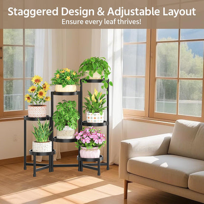 LASZOLA 7 Tiered Folding Plant Stand Indoor for Multiple Large Planter, Tall Heavy Duty Adjustable Rack with Rust Proof Plastic Shelving, Sturdy Vertical Tree Organizer for Narrow Inside Floor, Black