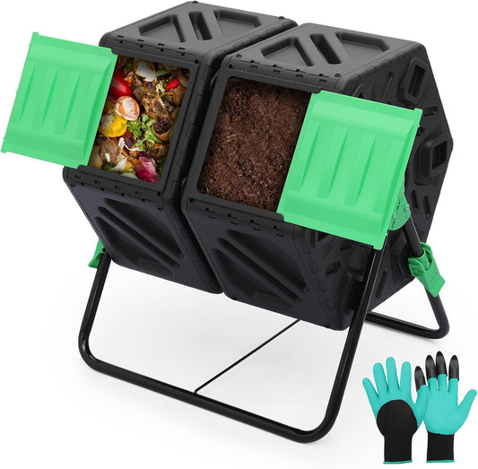 Athena Collection Chamber Compost Tumbler, 34 Gallon Outdoor Composter with Easy Assembly, Tumbling Compost Bin in PP Material for Garden, Yard & Kitchen Waste, Includes Gloves