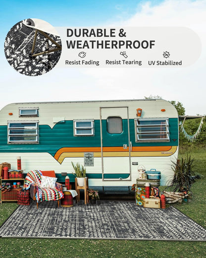 MontVoo Outdoor Rug 9x12 Waterproof-Patio Rug Outdoor Carpet Reversible RV Camping Picnic Plastic Straw Rug Outside Outdoor Area Rug for Balcony Deck Backyard Patio Decor Boho Modern Abstract Grey