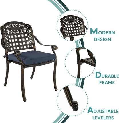 MEETWARM 3 Piece Patio Bistro Set, Outdoor All-Weather Cast Aluminum Dining Furniture Set Includes 2 Chairs with Cushions and a 31” Round Table with Umbrella Hole for Garden Deck, Navy Blue