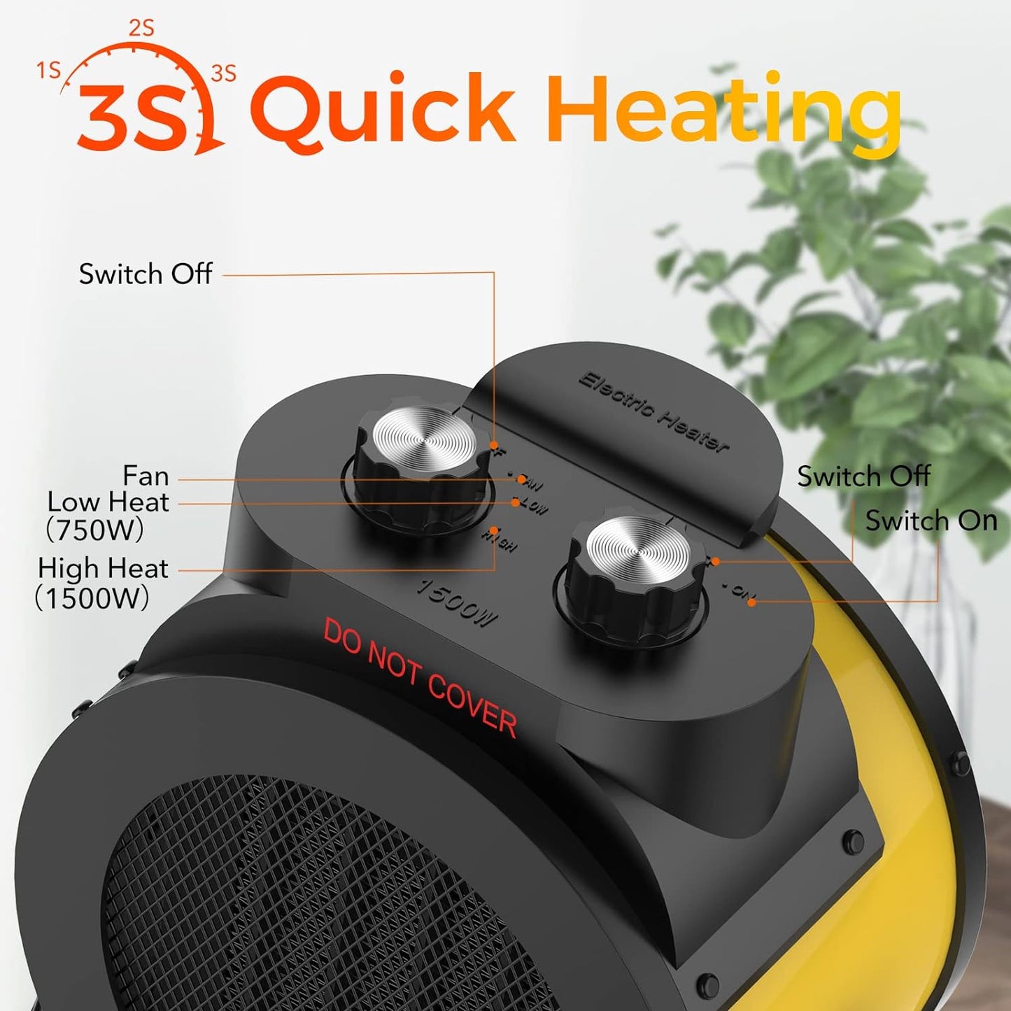 Space Heaters for Indoor Use, 1500W PTC Electric Heater with 90°Adjustable Angle, Fast Safety Heat, Small Portable Heater for Office Home(Yellow)