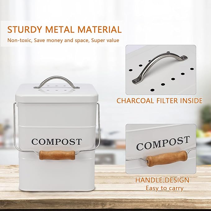 Compost Bin Kitchen Countertop Indoor Compost Pail Bucket, Great for Food Scraps, Carbon Steel, Handles, White, 1 Gallon - Includes Charcoal Filter