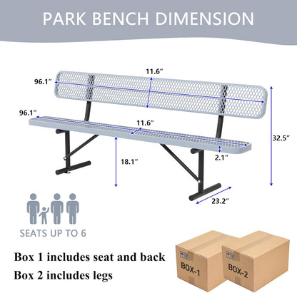 8 Feet Heavy Duty Metal Park Bench for Outside, Outdoor Bench with Backrest & Portable Frame, Commercial Benches for Shopping Malls, Stores, Parks, Patios, Decks, Grey