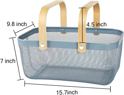 Portable Mesh Harvest Basket - Natural Bamboo Handle Foldable Organizer for Kitchen, Garden & Picnic | Ventilated Storage Bin with Rust-Proof Wire, Space-Saving Farmhouse Decor (Nebula Green)