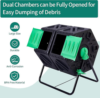 YITAHOME Large Outdoor Dual Chamber Compost Bin, 37 Gallon Rotating Composter Tumbling with 2 Sliding Doors and Aeration System, Garden Compost Tumbler (2x18.5 Gallon,Green)