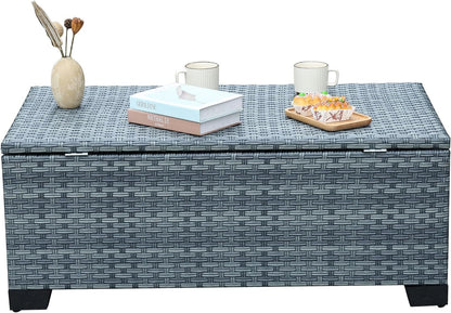 Outdoor Storage Table Wicker Patio Coffee Table All-Weather Rattan Side Table with Waterproof Cover, Grey