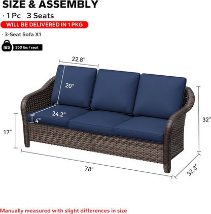 78" Wicker 3-seat Sofa, Outdoor Conversation Furniture, All-Weather Rattan Couch, Steel Frame Couch with Cushions for Garden, Poolside, Porch (Navy Blue)