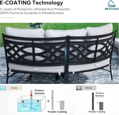 MFSTUDIO Patio Furniture Set, 8 Seats Half-Moon Curved Outdoor Sectional Sofa Conversation Set, Woven Rattan Patio Couch with 2 Wood-Like Round Coffee Table