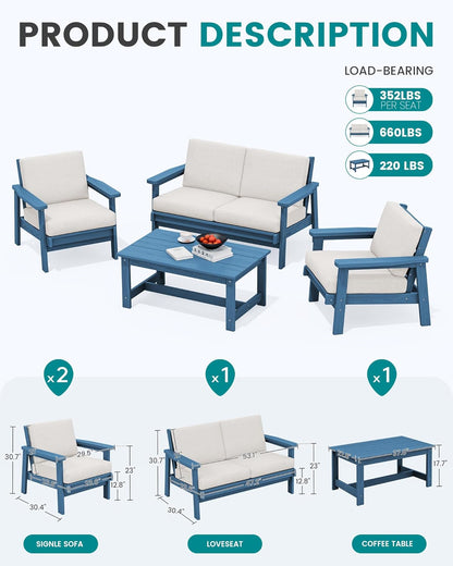 SERWALL HDPE Patio Furniture Set with 15FT Double Side Patio Umbrella, All Weather Wood-Like Outdoor Sofa Sectional Couch, Blue Patio Furniture with Khaki Cushions