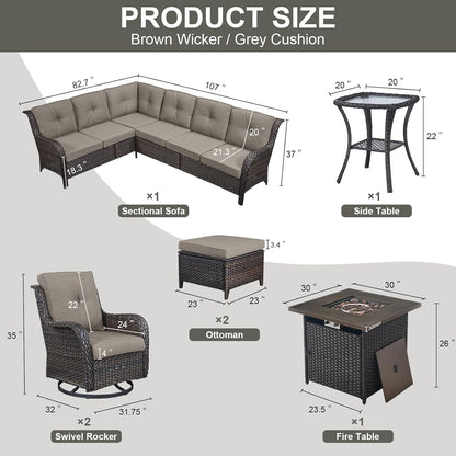Outdoor Sectional Furniture Sofa Set with Propane Fire Pit Table, Wicker Patio Conversation Set with 2 Swivel Rocker Glider Chairs Grey Cushion Perfect for Backyard Casual Gathering