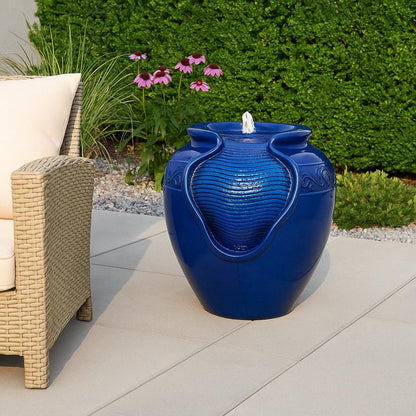 Teamson Home Outdoor Water Fountain, Glazed Pot Ceramic Look with LED Lights & Pump, Royal Blue, 16.93” Patio Garden Water Feature, Cascading Zen Fountain for Backyard, Porch, Deck, Home Decor