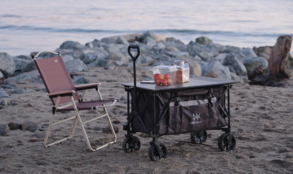 Whitsunday Folding Collapsible Utility Wagon, Heavy Duty Outdoor Park Beach Wagon with Table and Side Pocket for Camping Sports Shopping Brown