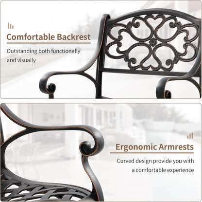 Bistro Set 3 Piece Outdoor Cast Aluminum Patio Bistro Set Patio Set Metal Bistro Table and Chairs Set of 2 with Umbrella Hole for Deck, Gardens, Bronze (Flower Backrest)