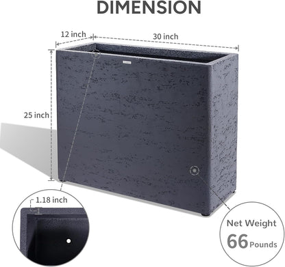 Tall Rectangular Composite ConcretePlanter（30Lx12Wx25H，66 Pounds）,Durable All-Weather Use with Drainage Holes,Large Rectangular Planter for Outdoor Indoor Plants