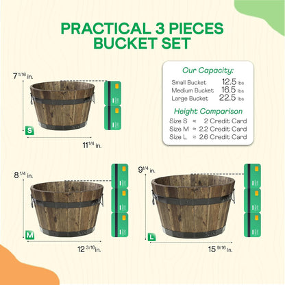 IDZO Set of 3 Wooden Flower Planters for Outdoor Plants, Acacia Wood Barrel Planters, Ergonomic Handles, Drainage Holes, Various Sizes, Black