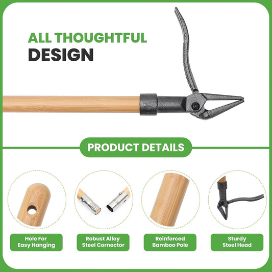 Weed Puller Tool Stand Up Weed Puller Tool with 3-Section Bamboo Handle & 4-Claw Steel Head Manual Weeder for Lawn and Garden (Bamboo)
