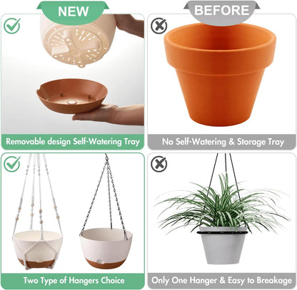 Set of 2-8 Inch Hanging Planters for Indoor Plants with Self-Watering Includes Hanging Pots for Plants, Outdoor Plant Pot with Drainage, and 2 Types of Hanging Baskets Hangers (White)
