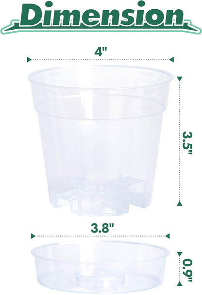 4 Inch Clear Plastic Plant Pot with Drainage Holes, Interlocking & Detachable Tray - Deep Saucer - Durable BPA-Free Plastic, Transparent Design, Raised Base for Airflow, Set of 12, 92-X-B-2