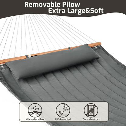 Double Quilted Fabric Hammock with Hardwood Spreader Bars and Pillow 450 LBS Capacity 2 Person Large Hammock for Outdoor Patio Backyard Poolside - Dark Grey