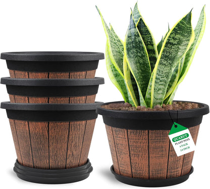 Quarut Large 4 Pack 14 inch Plant Pots,Whiskey Barrel Planters with Drainage Holes & Saucer,Plastic Decoration Flower Pots Retro Design,Planters for Outdoor Indoor Garden Balcony Plants (Brown)