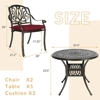 3-Piece Outdoor Patio Dining Set, All-Weather Cast Aluminum Patio Furniture Set for Backyard Garden Deck with 2 Cushioned Chairs and 35.4” Round Table, 2" Umbrella Hole, Chili Red