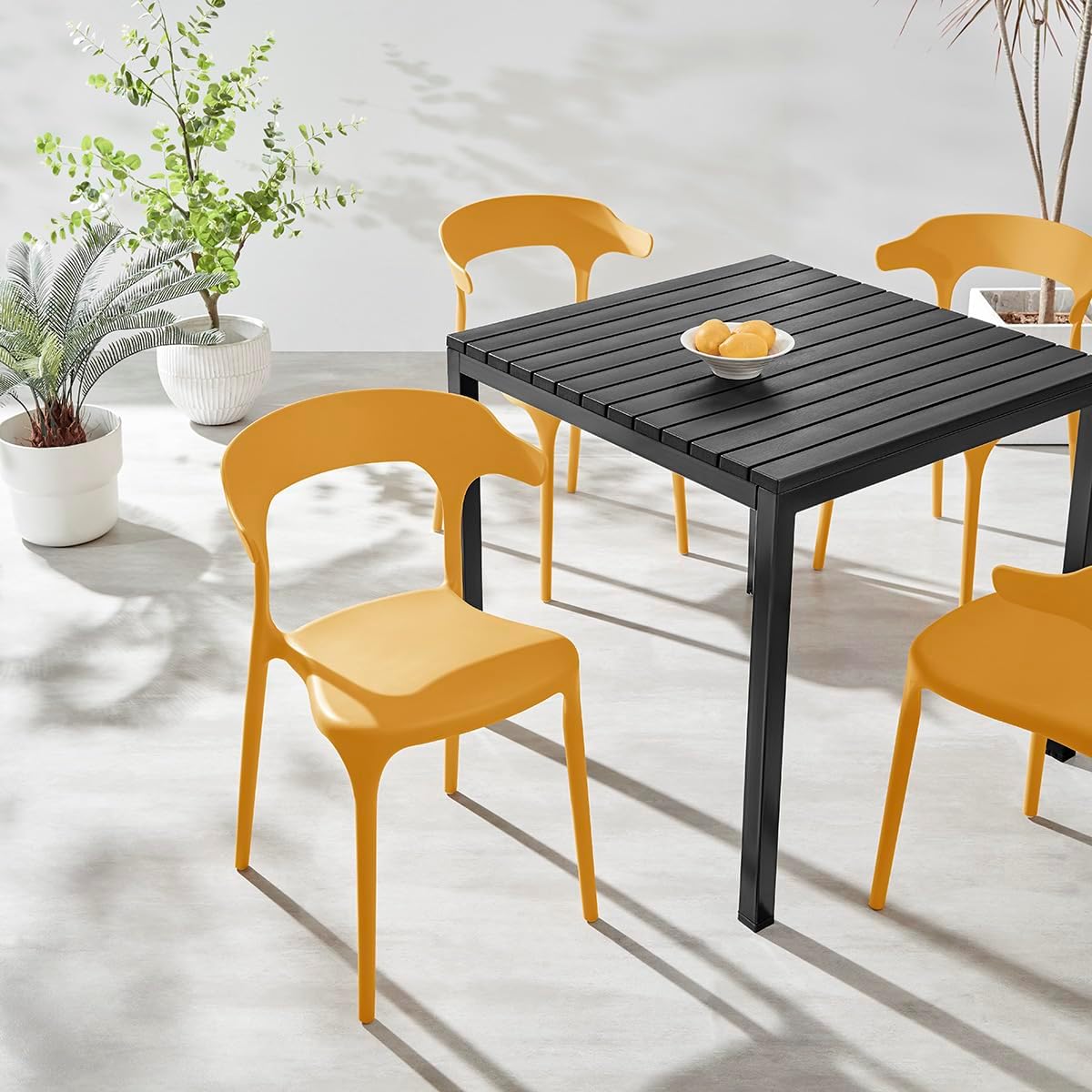 Plastic Outdoor Dining Table with Metal Legs, Weather Resistance, Home Patio Table, Restaraunt Outdoor Table, Quick Assembly (Black)