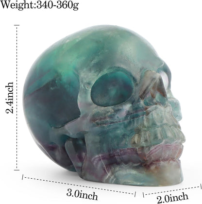 Crystal Skull Head Statue Hand Carved 3.0" Rainbow Fluorite Polished Gemstone Skull Stone Figurine Crafts Ornament for Home Office Halloween Decor