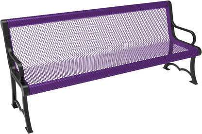 Coated Outdoor Furniture Heavy-Duty Outdoor Bench Thermoplastic Coated, Expanded Metal, Commercial-Grade Garden Bench, Made in America (Portable with Back, 6 Ft, Purple)