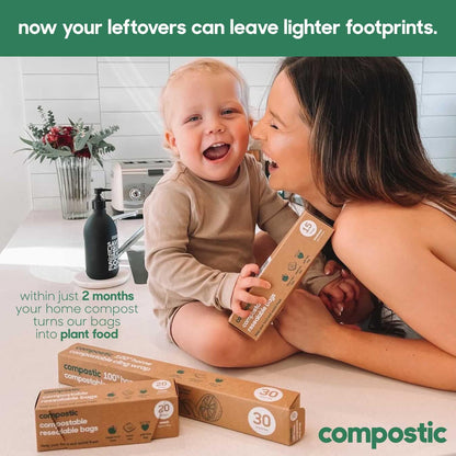 Home Compostable Resealable Snack Bags (6"x 3.5"), Microwave & Freezer Safe, Organic Food Storage Container, 100 Count