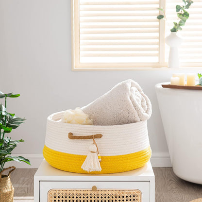 KAKAMAY Woven Baskets for Storage(16"x8"),Blanket Basket for Organizing Living Room,Cotton Rope Basket Woven Baby Laundry Hamper,Collapsible Laundry Room Organization,Clothes,Toy Chest(Yellow)