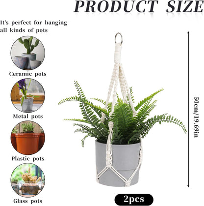 Macrame Plant Hanger, 2 Pack Boho Hanging Planters Baskets for Indoor Plants Decorative Braided Cotton Rope Flower Pot Holder with Metal Hook Rings for Outdoor Home Decor, No Tassels, Ivory, 20 Inchs