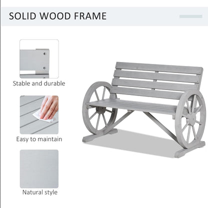 Outsunny 41" Wooden Wagon Wheel Bench, Rustic Outdoor Patio Weather Resistance Furniture, 2-Person Slatted Seat Bench with Backrest, Light Gray