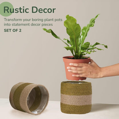 Jute Planter Basket-Woven Jute Rope Covers for Decorating Indoor/Outdoor Succulents, Small Plant Pots-Set of 2-Multi-Purpose Storage Bins 6.5 Inches - Modern Style Décor- Olive & Natural