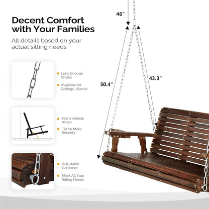 VINGLI XL Size Patio Wooden Porch Swing Outdoor with Cup Holders & Phone Slots, Heavy Duty 880 LBS Hanging Swing Chair Bench with Hanging Chains for Yard, Lawn, Garden (5 FT Pro, Rustic)