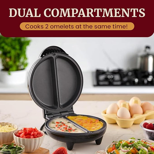 Elite Gourmet EOM205 Non-Stick Omelet Frittata Snack Pocket Maker for 2 Individual 6.5" Omelets, Stainless Steel and Black