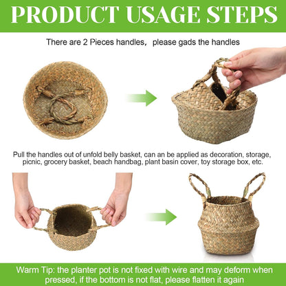 Qunclay 4 Pcs Woven Seagrass Baskets Belly Basket Folding Boho Natural Plant Pot with Handles Round Decorative Wicker Large Indoor Planter for Home Outdoor Tree Planters Decor (6.3 x 5.9 Inch)