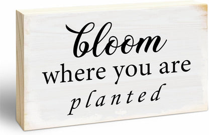 Rustic Wooden Block Sign - Bloom Where You Are Planted - 5"X3" Postive Pine Wood Plaque, Home & Garden Decor, Housewarming Gift For Friends, Desk & Tabletop, Shelf Accessories - A13