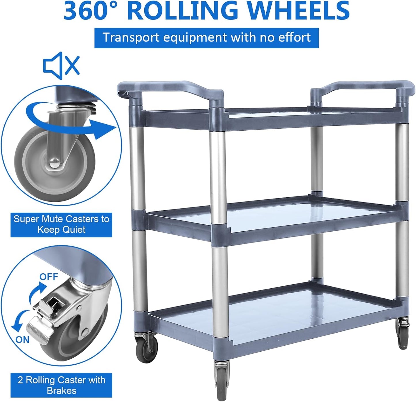Utility Service Cart 3 Shelf, Rolling Push Cart with Brake Wheel, Plastic Heavy Duty 3-Tier Food Service Cart for Office, Warehouse, Garage, Restaurant, Cleaning, 360lbs Capacity, Gray