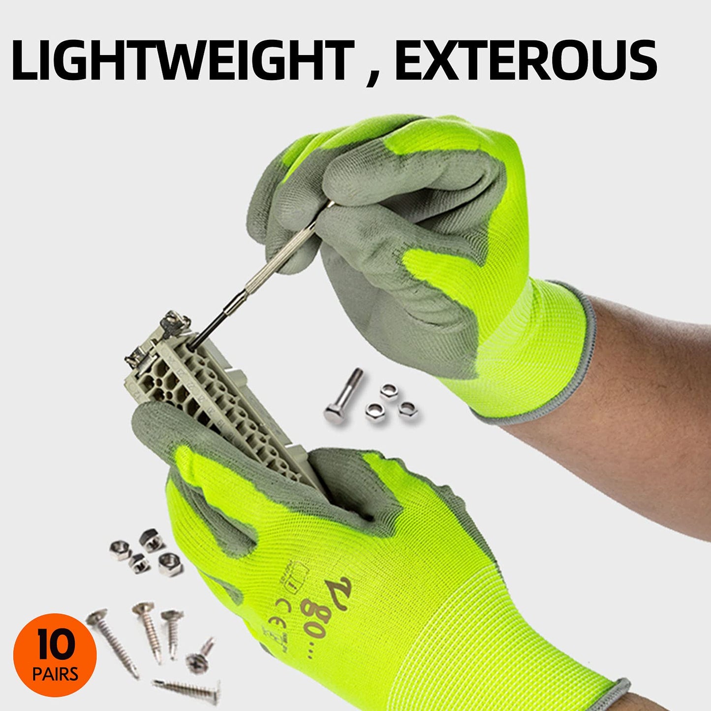 Vgo... 10-Pairs Safety Work Gloves, Gardening Gloves, Polyurethane Coated, Dipping Gloves, Latex Free (Size L, Yellow, PU2103)