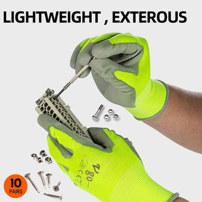 Vgo... 10-Pairs Safety Work Gloves, Gardening Gloves, Polyurethane Coated, Dipping Gloves, Latex Free (Size L, Yellow, PU2103)