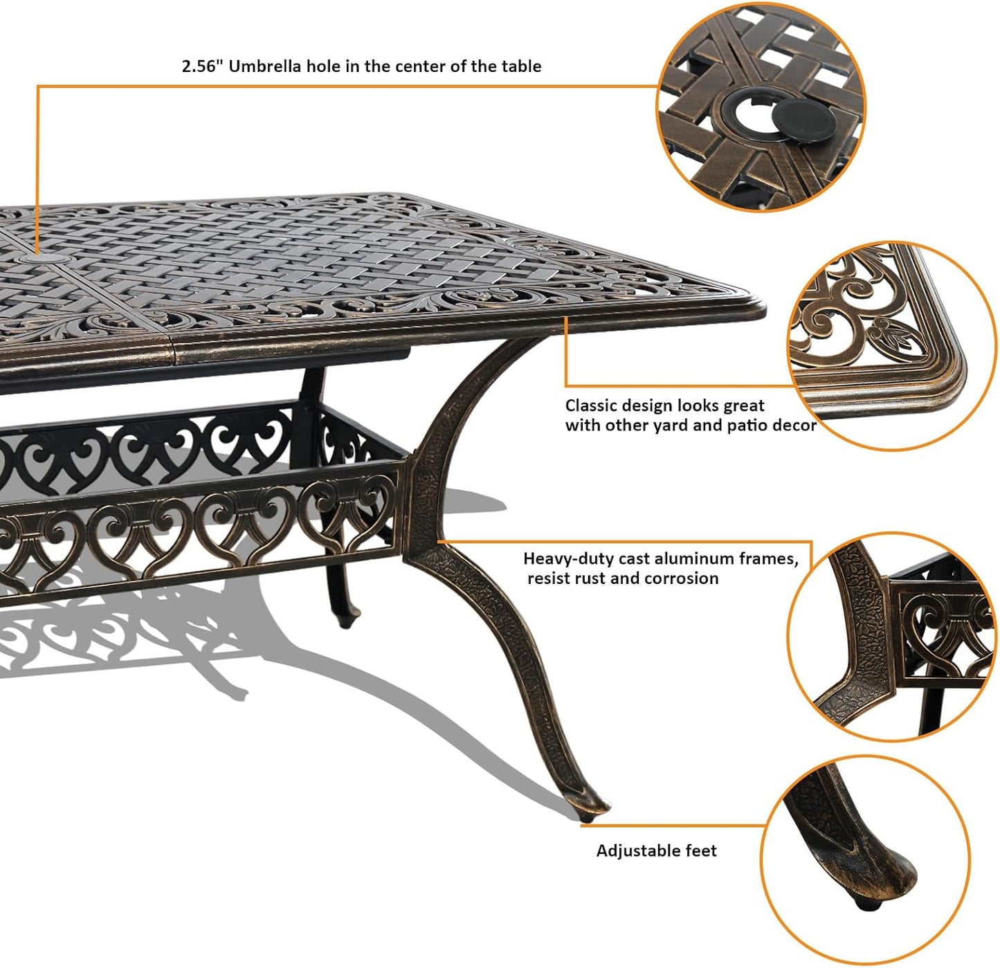 5 Piece Outdoor Patio Dining Set, All-Weather 58.66" Cast Aluminum Table and Chairs Set of 4, Bistro Set Outdoor with Umbrella Hole for Garden, Porch