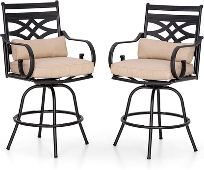 PHI VILLA Outdoor Swivel Bar Stools Set of 2，Patio Counter Height Bar Chairs with Back and Armrest，Metal,Black