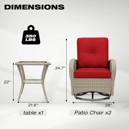 Joyside Outdoor Swivel Rocker Chairs, 3 Piece Wicker Patio Set with Thick Cushion and Side Table, Rattan Patio Swivel Rocking Chairs for Porch, Deck Use (Natural/Red, 3 PCS)