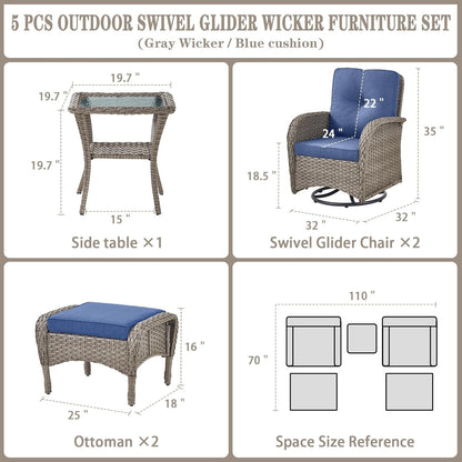 5 Pieces Wicker Patio Furniture Set - Swivel Rocker Outdoor Chairs with Ottomans and Side Table, Small Patio Conversation Set for Porch Deck Backyard