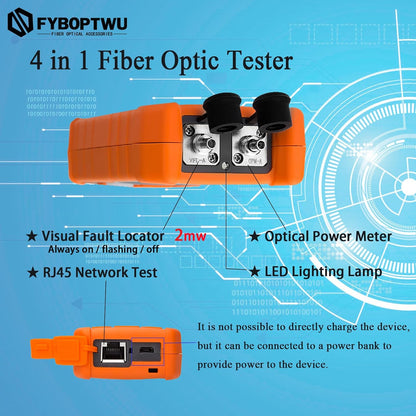 4 in 1 Function Fiber Optic Tester Portable Optical Power Meter (FC/SC/ST) & VFL 2mw Visual Fault Locator & LED, OPM & VF, Range: (-50) dBm ~ (+26) dBm, 1pc