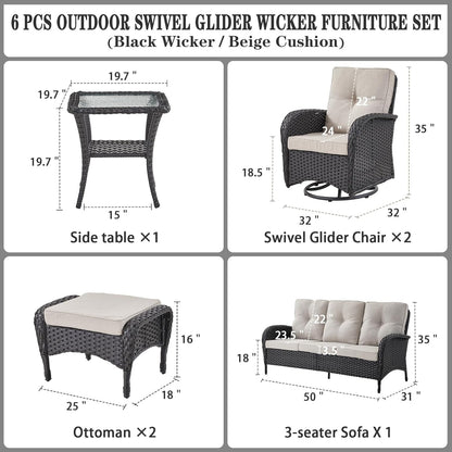 6 Pieces Wicker Patio Furniture Set - Swivel Rocker Outdoor Chairs with Outdoor Couch and Side Table, All-Weather Patio Conversation Set for Sunroom Deck Backyard Black